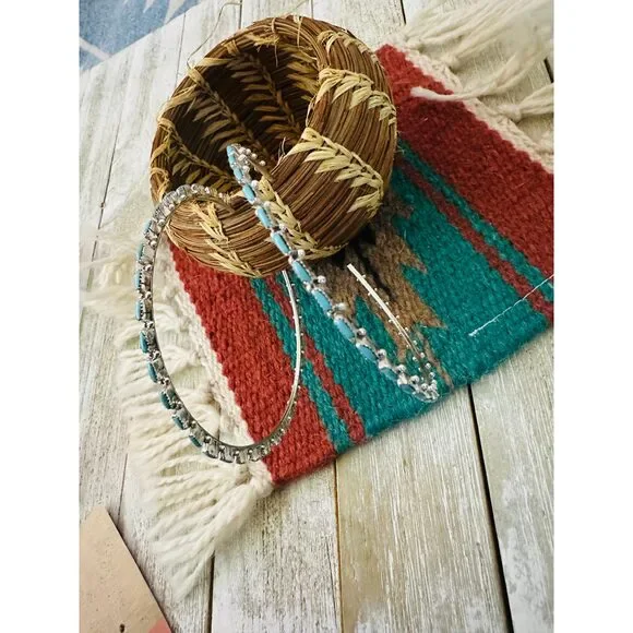 Handcrafted Turquoise & Sterling Silver Needlepoint Hoop Earrings